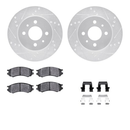 Front - Dynamic Friction Company Brake Rotors-Drill/Slot-Silver with Ceramic Brake Pads and Hardware Kit 7312-53001